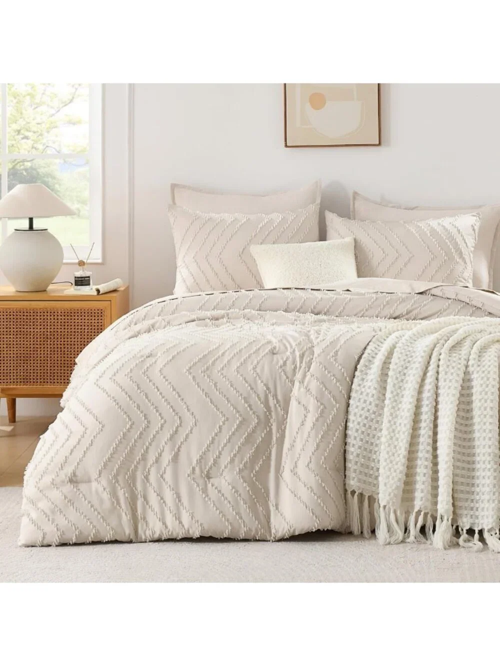 Boho King Size Comforter Set - 3 Piece Soft Cream Beige Bedding Collection